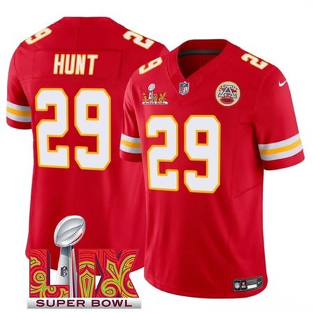 Men's Kansas City Chiefs #29 Kareem Hunt Red 2025 Super Bowl LIX Patch F.U.S.E. Vapor Limited Stitched Football Jersey